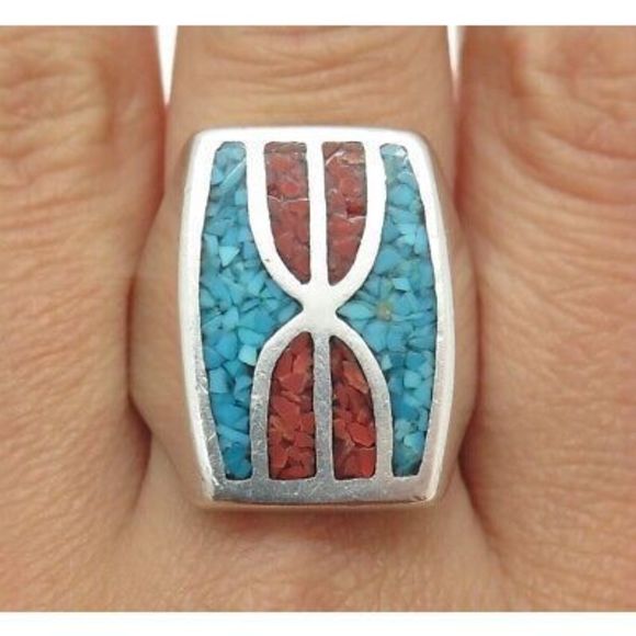 Old Pawn 925 Sterling Vintage Coral Turquoise Hourglass...